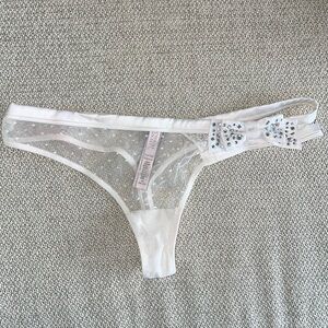 Victoria’s Secret satin mesh rhinestone bow double strap thong panty NWT